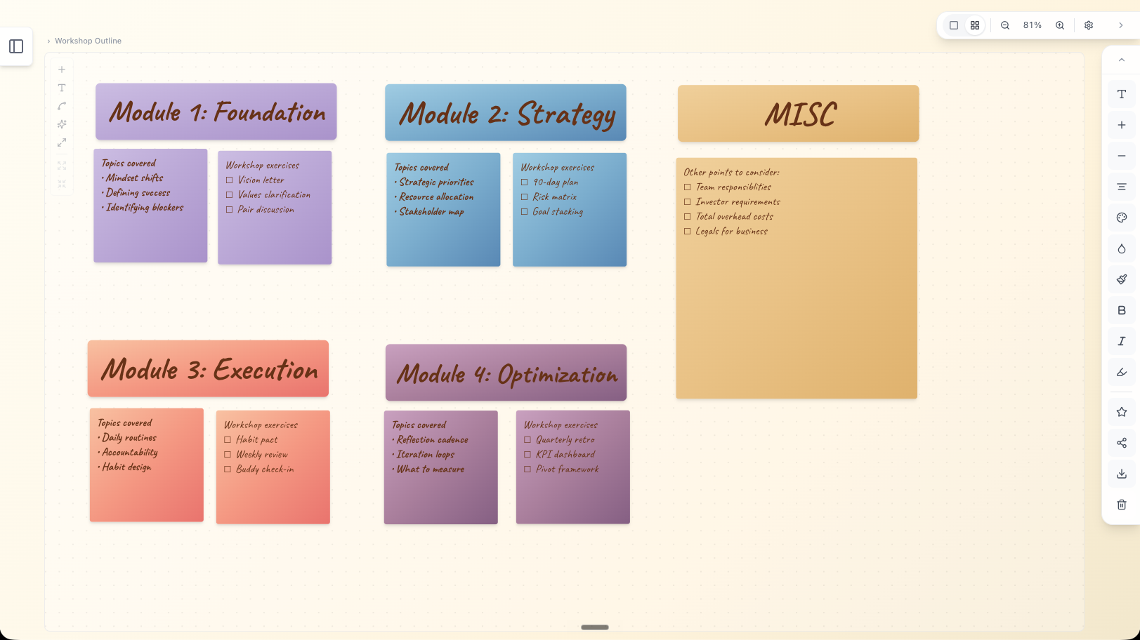 NotePeel board view — full canvas with sticky notes, headlines, and connector lines